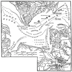 Contemporary map of Battle of Hampton Roads; from Century Magazine, March 1885