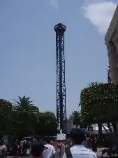 the central, metal laticework spire of the Batwing Spaceshot ride.