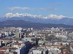 The northern edge of Ljubljana's center (foreground) and Bežigrad (middle), beneath the Kamnik Alps (in 2008)