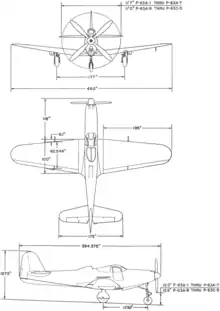 3-view line drawing of the Bell P-63A Kingcobra