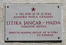 Plaque commemorating Lizika Jančar (1919–1943)