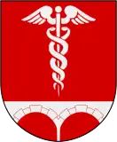 Gules, a bridge argent surmounted by a caduceus argent.