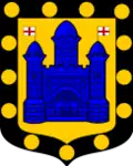 The town's coat of arms, a castle surrounded by 13 solid gold circles or heraldic bezants.