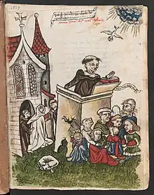 black-and-white-drawing of the preacher Berthold von Regensburg, speaking from an open-ait pulpit to a group of people, with a church left and the Holy Spirit as a dove in the upper right corner