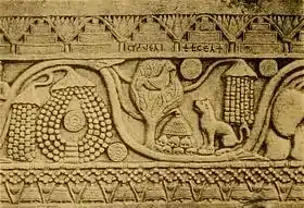 Scene from the Kukkuta Jataka story from the Bharhut stupa, 150 BCE.