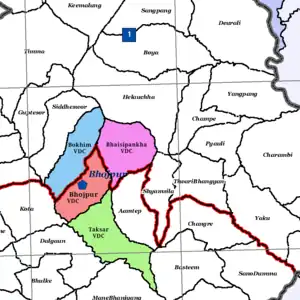 Map of Bhojpur Municipality before 2017 showing Taksar VDC as neighborhood