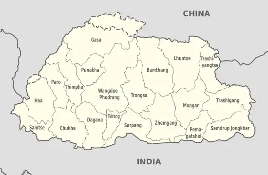 A map of Bhutan showing its 20 dzongkhags.