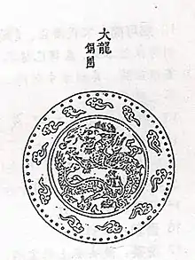 A drawing depicting a design inside of a circle, with that circle inside of a larger circle. The inner circle design contains a dragon curled in on itself, surrouned by flame. The outer circle contains a ring of small, isolated clouds spaced equally from each other.