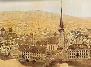 Fraumünster abbey, Münsterhof, old Kornhaus (to the left side) and Zunfthaus zur Meisen. Aquarell by Franz Schmid, showing situation in 1757.