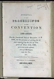 A document printed in 1836, showing Didone (body text), 'Italian' (the word 'proceedings') and early sans-serif fonts. The 'Italian' type is Caslon's Italian or a close copy. The document was printed in Michigan, showing how far the Italian style had penetrated around 15 years after its appearance in London.