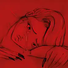 Cover art for "When the Party's Over": a cartoon drawing of a crying woman on the floor, over a crimson-red background