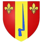 Coat of arms of the Tenaille de Vaulabelle family: Of "Gules with golden pal, accosted with two fleurs-de-lis of the same and loaded with an azure bayonet"