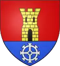 The arms of Bonsmoulins, France, with a millwheel in the base