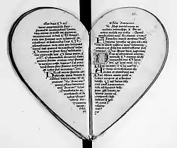 Black-and-white microfilm scan of a 2-page spread from a medieval manuscript book. The leaves of the book have been trimmed so that, when the book is laid open flat, the 2 halves create a heart shape. Each page bears 30 lines of Latin text with enlarged decorative initials, including 1 especially ornate initial decorated with fine pen-work.