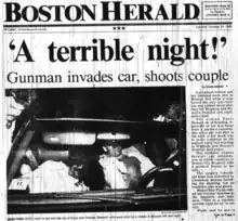 Cover of the Boston Herald newspaper on October 24, 1989, with an article on the murder of Carol Stuart that includes a photograph of Carol and Charles Stuart's severe gunshot wounds