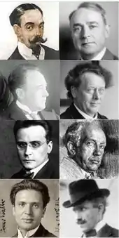 panel of eight small photographs of men's portraits dating from the decades around 1900