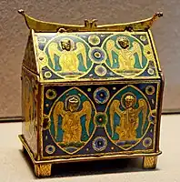 Typical medieval Limoges chasse casket, in this case a chrismatory rather than a reliquary, 13th century.