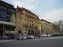 Front of the Slovak Ministry of Culture building housing the Astorka Korzo '90 Theatre from a street view, with cars parked in front