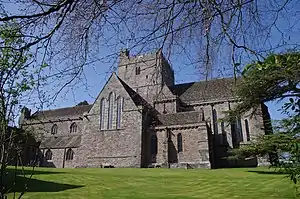 Brecon Cathedral, viewed from inside the grounds to the south.