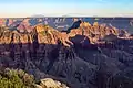 Deva Temple (left of center), Brahma and Zoroaster Temples (right) seen from the North Rim at Bright Angel Point