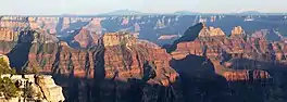 Deva Temple (left of center), Brahma and Zoroaster Temples (right) seen from the North Rim at Bright Angel Point