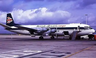 ex-BEA Vickers Vanguard with "British airways" branding and Speedjack tail