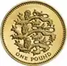 A British one pound (£1) coin, issued in 1997, featuring three lions passant, representing England