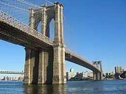 A below view of a large suspension bridge over a river connecting to an area covered with tall buildings. Another bridge and other buildings can be seen in the background.