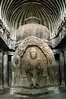 Stupa inside Cave 10, Ellora, the last chaitya hall built, the Buddha image now dominating the stupa.