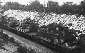 Panthers, already with bush camouflage attached, being transported by rail to the front in France.