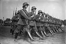 German soldiers of the Weimar Republic's Reichswehr goosestepping in 1931.