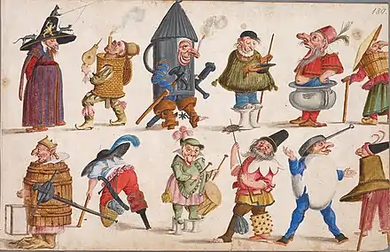 Costume designs for grotesques and commedia dell'arte characters, 1680