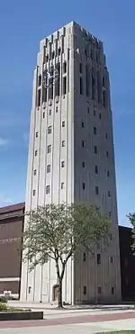 Photograph showing the entire unobstructed facade of Burton Memorial Tower