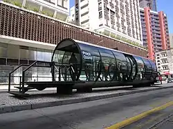 Bus Rapid Transit shelter for the RIT system in Curitiba, Brazil, known as "tubo" (tube)