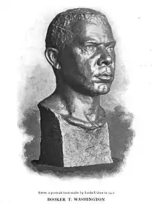 Black and white photograph of a bust of Booker T. Washington by Leila Usher as appeared in his writing "Heroes in black skin" in The Century Magazine V.66 No. 4 September 1903.