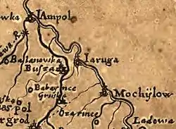 Holoșnița area on Beauplan's map from 1648. South is up, north is down, the river is Dniester.