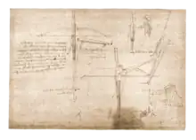 Illustrations of Leonardo da Vinci's rapid fire crossbow in the 15th-century Codex Atlanticus. Note the internal lever mechanism is fully extended to catch the draw string.