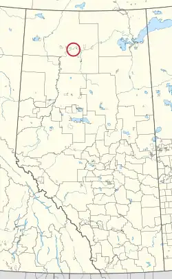 A map of the province of Alberta showing 80 counties and 145 small Indian reserves. One is highlighted with a red circle.