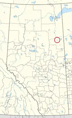 A map of the province of Alberta showing 80 counties and 145 small Indian reserves. One is highlighted with a red circle.