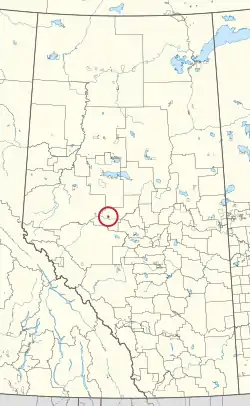 A map of the province of Alberta showing 80 counties and 145 small Indian reserves. One is highlighted with a red circle.