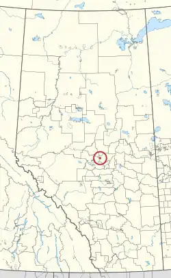 A map of the province of Alberta showing 80 counties and 145 small Indian reserves. One is highlighted with a red circle.