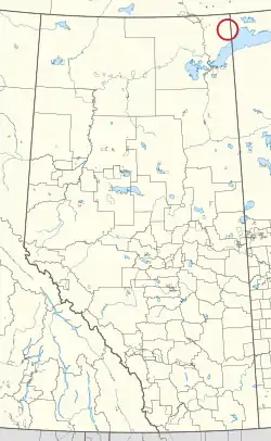 A map of the province of Alberta showing 80 counties and 145 small Indian reserves. One is highlighted with a red circle.