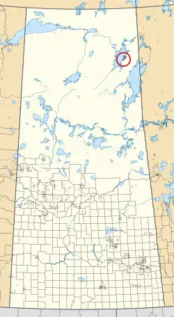 A map of the province of Saskatchewan showing 297 rural municipalities and hundreds of small Indian reserves. One is highlighted with a red circle.