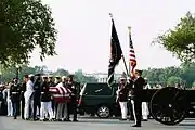 The casket of former President Ronald Reagan is transferred from a hearse to a caisson at 16th Street and Constitution Avenue in Washington, D.C. on June 9, 2004.