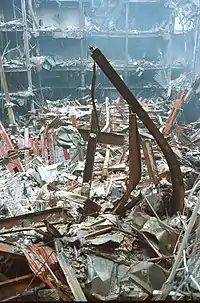 Interior of 6 WTC showing debris from the North Tower in the open area, including a piece that became the World Trade Center cross.