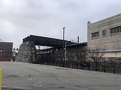 Footbridge and station hall site as seen from Ironbound