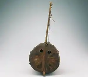 Imzad. Libya, pre-1959, skin topped lute, calabash bowl, has sound holes, Touareg, Tuareg cultures