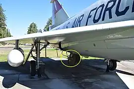 Convair F-102 Delta Dagger.  The yellow circle highlights a ram air turbine with five blades