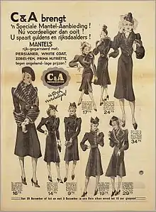 1938 Dutch newspaper advertisement for women's clothing sold at C&A stores