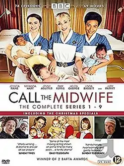 Three nurses on the top half of the cover; screenshots of the series on the bottom half